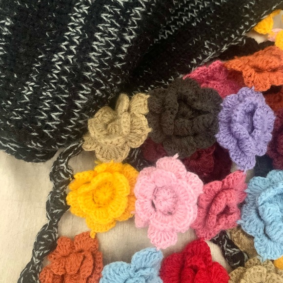 Anthro Rose Crocheted Flowers Knit Scarf with Pom Poms - Picture 4 of 9